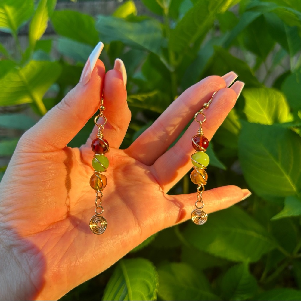 Multi-color glass drop earrings handmade. Red, yellow, and green. Summer style